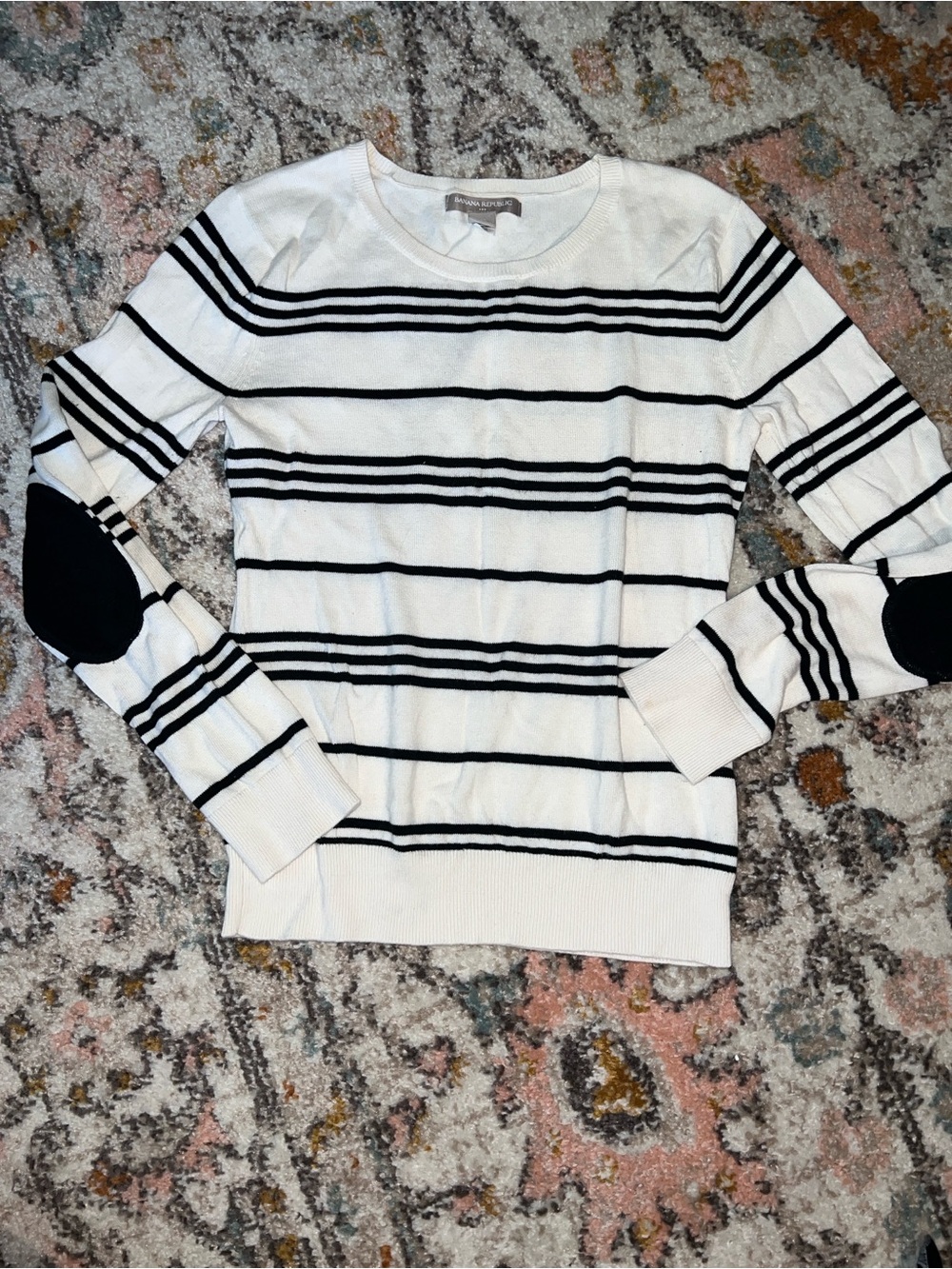 Banana Republic White Crewneck Sweater with Black Stripes and Elbow Patches